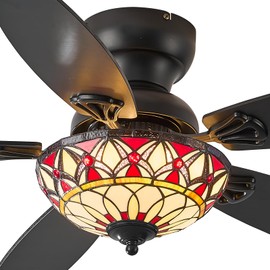 Yanokooe Tiffany Ceiling Fans with Lights - 48" Ceiling Fan Chandelier with 5 Dual-Blades and Glass Shade, 6 Speeds and Reversible, Indoor and Outdoor, Retro Style