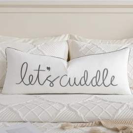 Sunkifover Let's Cuddle Lumbar Pillow Cover - 14x36 Inch Cotton Embroidery Decorative Pillowcase for Bed, Bedroom, Living Room - White and Grey Rectangular Quote Design