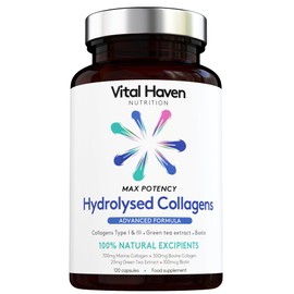 Vital Haven Advanced Collagen Complex - Hydrolised Marine Collagen (Type I) + Hydrolised Bovine Grass-Fed Collagen (Type III) + Green Tea Extracts + Biotin - Max Potency - Premium Ingredients - Made in The UK
