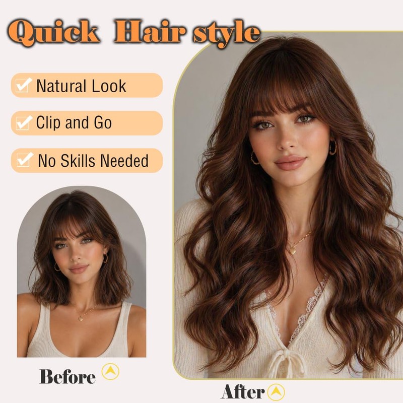 Brown Wavy Wig with Bangs for Women, 26 Inch Long
