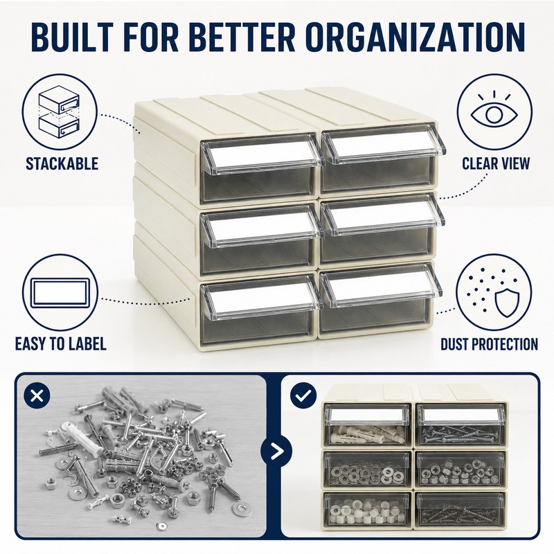6-Pack Stackable Plastic Desktop Parts Storage Drawers with Labels