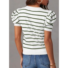 Dokotoo Striped Tops for Womens Fashion 2025 Summer Trendy Cute Crewneck Puff Short Sleeve Pullover Casual Green Stripe Oversized Tops for Women Spring Outfits Clothes Large