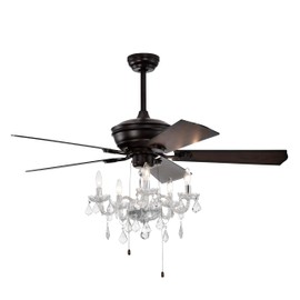 LJLB Elegant 52'' Crystal Shade Ceiling Fan Lamp with Reversible Blades, 3 Speed Settings, and Hand Pull Chain, Matte Black