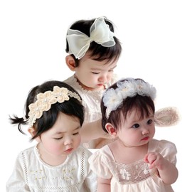 DFsucces Hair Band, Baby Hair Accessories, Hair Ornament, Lace Band, Headdress, Girls, Newborn, Baby Shower, Birthday, Anniversary Photo, Celebration, Wedding, 3-piece Set (Style 3)