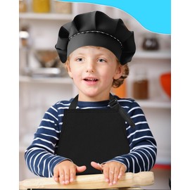 TOPWAYS Kids Apron and Chef Hat Set Black, Adjustable Children Chef Apron Outfit Costume, Kitchen Apron for Baking Cooking Painting, Artist Apron with Two Pockets for Kids 7 to 13 years
