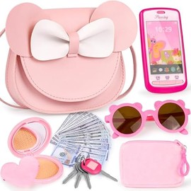 Play Purse for Little Girls, 23PCS Toddler Purse with Pretend Makeup for Kids, Princess Toys Includes Crossbody Bag, Phone, Wallet, Keys, Kids Toy Purse Birthday Gift Toys for Girls 3 4 5 6+