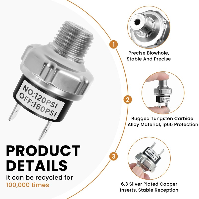 ZDRU 120-150 PSI Air Pressure Switch, 1/4"-18 NPT Male Thread