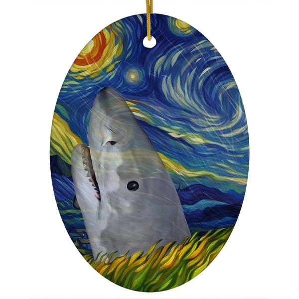 Whimsical Night Sky Tiger Shark Christmas Ornament White Oval Ceramic