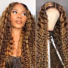 AISI Highlight Human Hair Lace Front Wigs Deep Wave 180% Density #4/27 Ombre Colored Glueless Wigs Pre Plucked 20 Inch 4x4 Transparent Curly Water Wave Lace Wig Honey Blonde Real Wet and wavy Human Hair