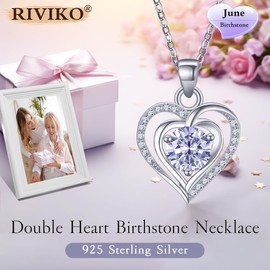 RIVIKO Heart Birthstone Pendant Necklace for Women 925 Sterling Silver Zirconia June Necklaces Christmas Valentine's Day Mothers Day Jewelry Gifts For Her Mother Wife