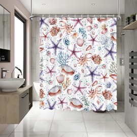 APROPHIC Ocean Shower Curtain, 180 x 180 cm, Starfish Shell Coral Beach Shower Curtain, Summer Ocean Shower Curtains, Bathroom Curtain with 12 Hooks