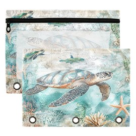 Sea Turtle Whale Binder Pouches 3 Ring for Boys Girls School Office College Supplies Shell Starfish Coral Ocean Pencil Pouches Case Bag with Clear Window and Zipper 2 Pack