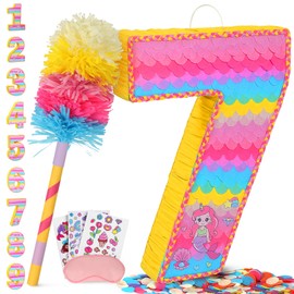 Number 7 Pinata for Birthday Party Decorations, Unicorn Mermaid Theme Pink Piñata Games Toy (7th)