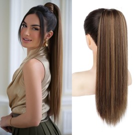 SEIKEA Ponytail Extensions Drawstring Long Straight Fake Pony Tail Natural Soft Clip in Hair Extension Synthetic Heat Resistant Hairpiece 20 Inch Chocolate Brown with Blonde Highlights