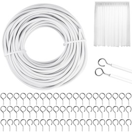 Bubuny 15 m Curtain Wire, White Curtain Wire, Curtain Rope, Curtain Rope Tension System with 30 Pairs of Hooks, Screw Eyelets for Curtains, Shower Curtains, Curtain Rods, Washing Line