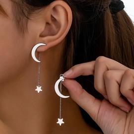 Silver Star Earrings Dangle Silver Star and Moon Earrings for Women Star Jewelry Sparkle Stars Earrings Bling Long Silver Star Tassel Earrings Silver Moon and Star Dangle Earrings Space Celestial Earrings Star Accessories (style silver moon)