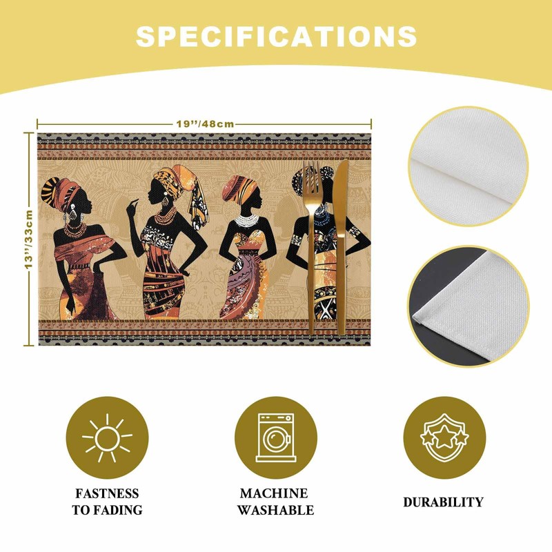 Black Women Placemats Set of 6, African Ethnic Dress Tribal
