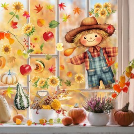 9 Sheets Fall Window Clings, Double Sided Autumn Pumpkin Maple Leaves Scarecrow Truck Nuts Window Stickers for Thanksgiving Friendsgiving Harvest Party Decor Indoor Outdoor