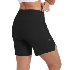 WEAREFO Women's 7" High Waisted Swim Board Shorts Quick Dry Beach Swimsuit Bottom Shorts for Women with Liner Pockets Black, XL