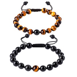 HASKARE Tiger Eye Obsidian Beads Bracelet for Men Women, Double Couple Bracelet Real Tiger Eye Obsidian Stone Bracelet Healing Crystal Bracelet Gifts for Christmas Valentine Day