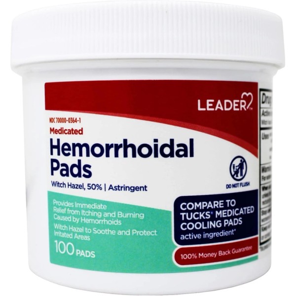 Leader Medicated Hemorrhoidal Pads Witch Hazel 50%, 100 Count (Pack
