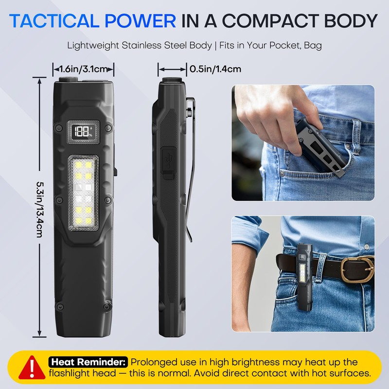 EDC Tactical Flashlight,1500 Lumen Flat Flashlights Rechargeable,Dual-Switches LED Small Flashlight