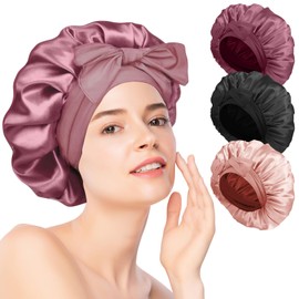 DAQI 3 Piezas Gorro de Seda para Dormir, Gorro de Pelo Rizado de Satén Ajustable, Gorro de Dormir de Noche con Banda Elástica, Ideal para Dormir, Ducha y Belleza (Negro + Oro rosa + Rosa frijol)
