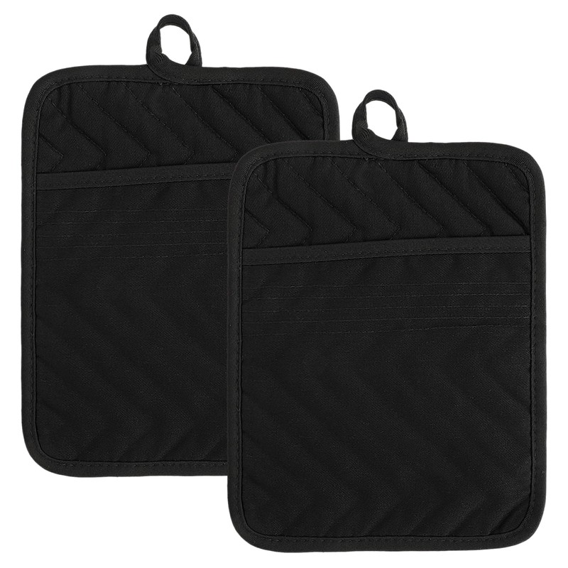 Sibba Black Pot Holders with Pocket, 2 Pcs Cotton Heat
