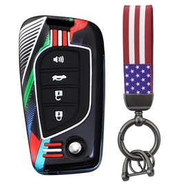 HIBEYO Flip 4 Button Key Fob Cover Compatible with Toyota Fortuner Tundra Camry RAV4 Highlander Corolla Accessories Metal Painted Sports Style Key Shell with US Flag Keychains-4 Button Black
