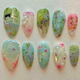 Jremg Flower Press on Nails Medium Almond Fake Nails with Pearl rhinestones Design Glossy Bow Blue Green Glue on Nails Cute Cat Floral Handmade Artificial Acrylic Nails for Women Girls 24Pcs