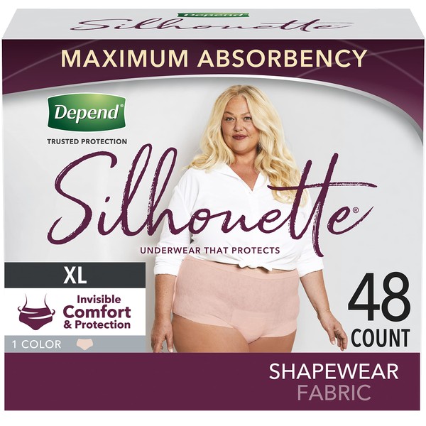 Depend Silhouette Adult Incontinence and Postpartum Underwear for Women, X-Large (50–60" Waist), Maximum Absorbency, Pink, 48 Count