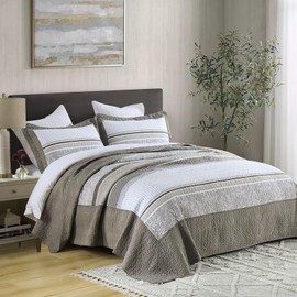 FineStichery Oversized King Bedspread Quilt 128" x 120", 100% Cotton Lightweight Bed Spreads Coverlet Set Farmhouse Bedding Cover, 3 Piece, Brown/Gray/Beige