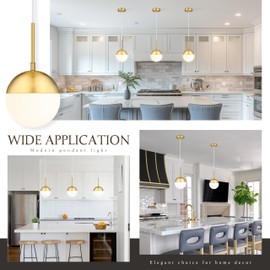 Mccokaige 6 Inch Gold Mid Century Modern Pendant Light Pendants for Kitchen Island Frosted Milky White Glass Globe Height-Adjustable Modern Hanging Globe Pendant Light for Bedroom Foyer (Bulb Incl)