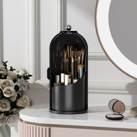 Zufudo Makeup Brush Holder Organizer with Lid 360° Rotating Makeup Organizer Countertop Dustproof Cosmetics Organizer for Vanity Bathroom, Dark Black