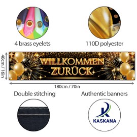 Willkommen Zurück Banner 180 x 40 cm – Herzlich Willkommen Girlande – Willkommen Zuhause Deko – Lebendiger Digitaldruck – 110 Den Polyester – Doppelnaht (Schwarz & Gold)