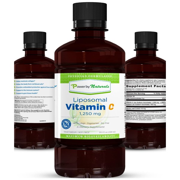 Power By Naturals Vitamin C Liposomal 1,250mg More Than VIT C 1000mg for Immune Support, Healthy Hair & Skin, Natural Energy & Bone Health, Liquid Vitamins C Supplement (Sodium Ascorbate) 60 Servings