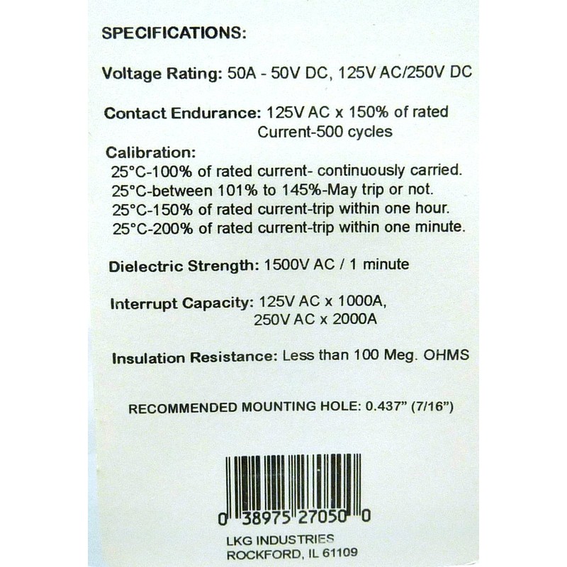 Philmore 50A Push Button Manual Reset Thermal Circuit Breaker 50V
