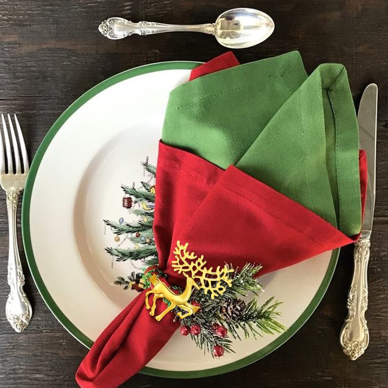 12Pcs Golden Christmas Reindeer Napkin Rings, Xmas Elk Napkin Holders