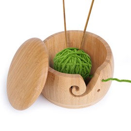 Large Yarn Bowl, Yeelua Wooden Yarn Bowl with Removable Lid, Handmade Knitting Wool Holder, Yarn Storage Bowl, Knitting Accessories(Rounded, Wood)