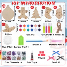 Christmas Wooden Ornaments Craft Kits, Glow in The Dark, 36 Pcs Wood Slices and 10 Pcs Unfinished Wood Ornaments, DIY Christmas Arts and Crafts, Xmas Tree Hanging Decorations DIY Craft