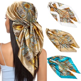 Kajeer Pack of 3 Headscarf Silk Scarf for Women - 90 x 90 cm Large Square Elegant Scarves Scarf for Women Satin Bandana Girls Headscarf Hair Accessories, Cashew (Blue/Camel/White)