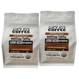 Lucy Jo's Coffee Roastery, 2 Pack, Organic Mellow Belly Low Acid Blend, Medium Dark, Ground, 2 11OZ bags