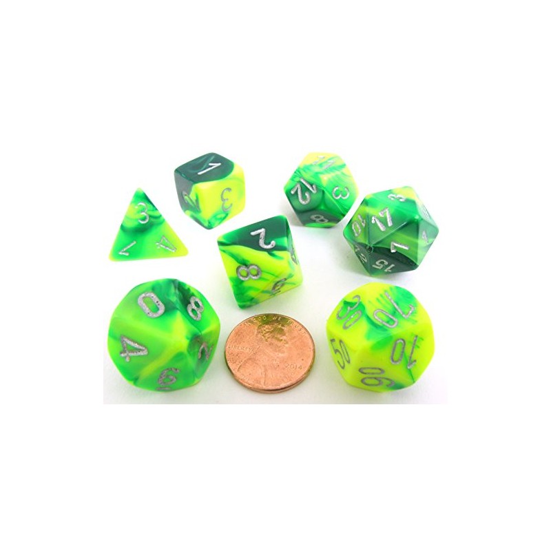 Polyhedral 7-Die Gemini Dice Set - Green-Yellow with Silver