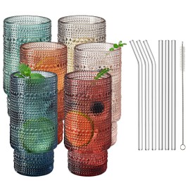 Khen Colored Vintage Art Deco Glasses - Martini, Margarita, Cocktail & Champagne Ribbed Glasses | Set of 6 | Cute Pastel Crystal Cocktails Glassware, Stemmed Glassware Gift - Hobnail Tumblers & Straws
