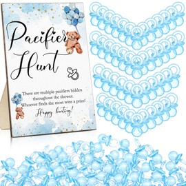 Roowest 51 Pcs Pacifier Hunt Baby Shower Game, Include Wooden Pacifier Hunt Sign Bear Themed Baby Shower Sign Board with 50 Acrylic Baby Pacifiers for Baby Shower Game, Gender Reveal Party (Blue)