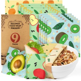 Akeeko Reusable Beeswax Food Wraps - Assorted 9 Packs, Reusable, Plastic-Free Food Storage, 4 Small, 3 Medium, 2 Large Wraps with Assorted Fruits Patterns