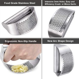 GuDoQi Garlic Press Rocker, Stainless Steel Garlic Crusher, Dishwasher Safe, Ergonomic Handle Garlic Chopper with Silicone Peeler and Cleaning Brush, Rust Proof Garlic Mincer Tool for Kitchen Gadgets