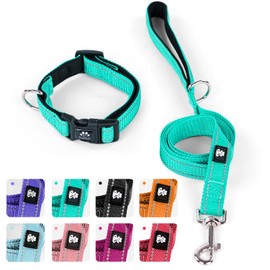 IVY&LANE Reflective Dog Collar and Leash Set,Adjustable Neoprene Padded Dog Collars for Puppy, Breathable Nylon Pet Collar for Small Medium Large Dogs, 5FT Nylon Dog Leash(Collar+Leash,Medium,Teal)
