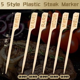 Thyle 200 Pcs 3.94 Inch Assorted Bamboo Steak Markers Wood Meat Marker Sticks Steak Temperature Sticks Meat Doneness Picks Bamboo Paddle Skewers for BBQ, Kitchen, Parties or Buffets Food