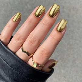 Gold Chrome Square Press on Nails Short Medium,KQueenest Mirror Metal Plating False Acrylic Nails Press Ons,Metallic Fake Nails for Girls,Natural Fit Glue on Nails Medium Length for Women